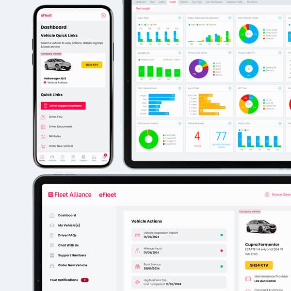 eFleet fleet management dashboard shown across mobile, tablet and desktop devices