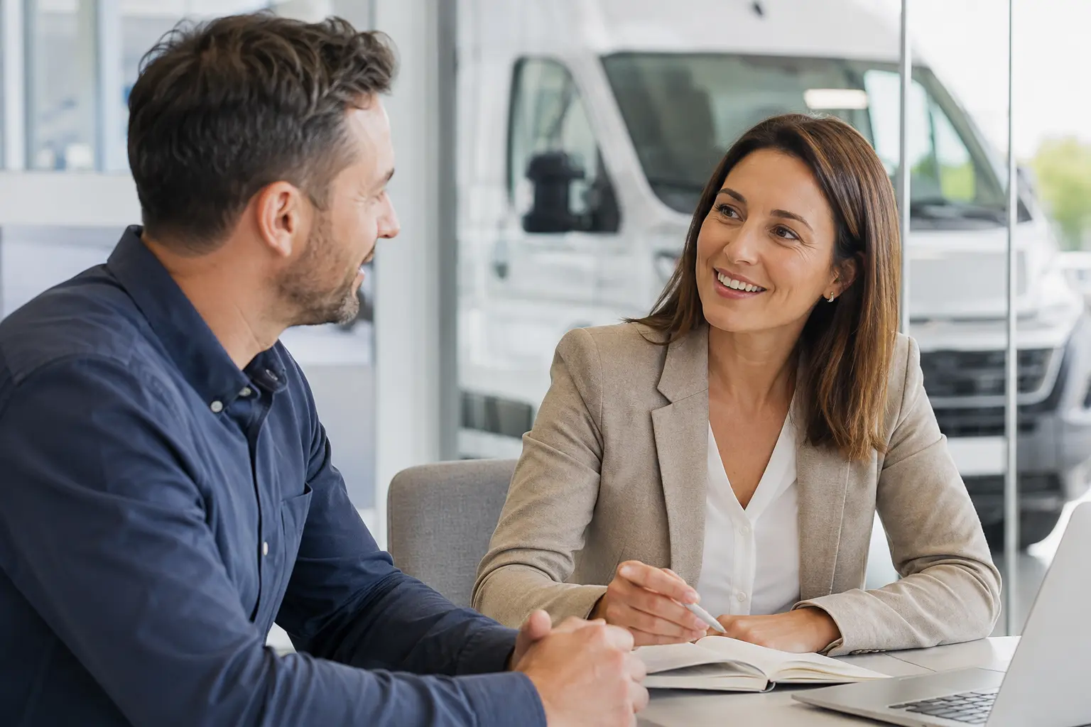 A female leasing account manager speaking with a male business customer