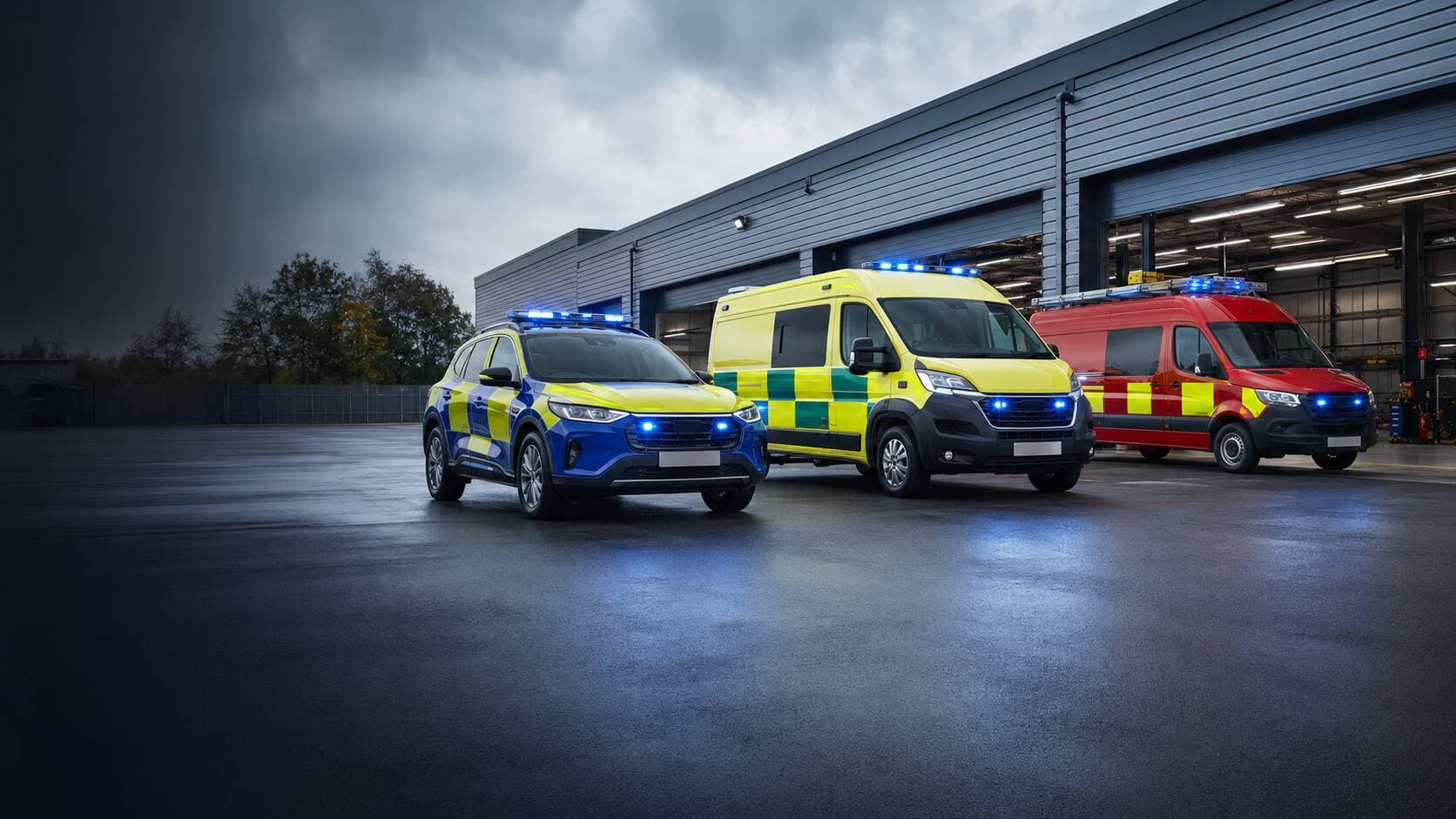 Police, ambulance and fire response vehicles outside a specialist conversion facility