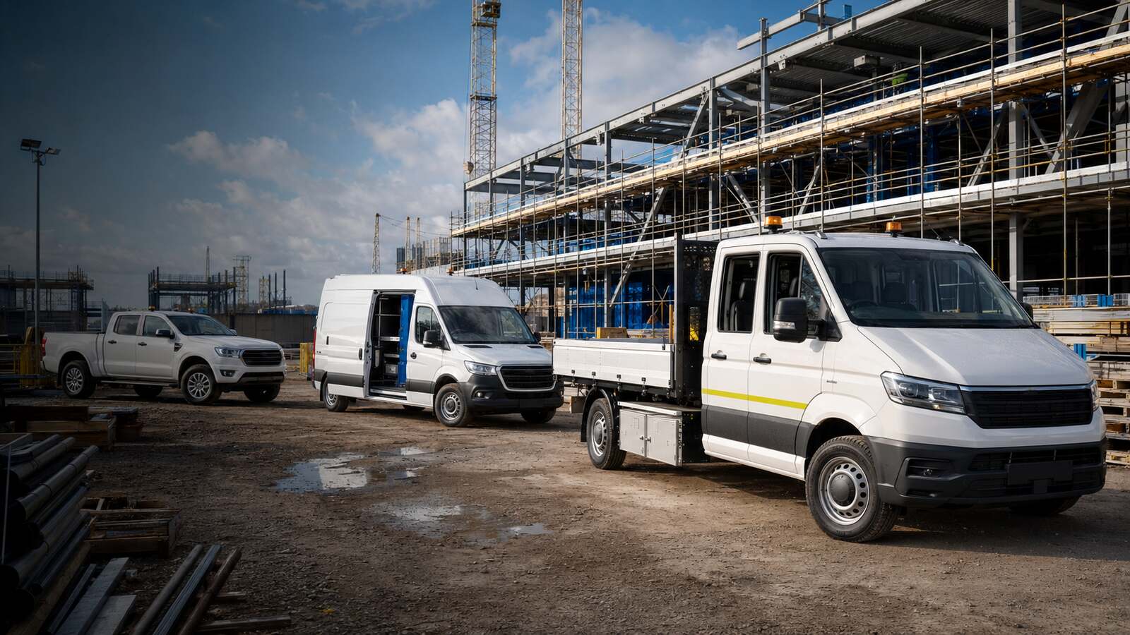 Construction fleet of crew-cab dropside, panel van and pick-up on a building site