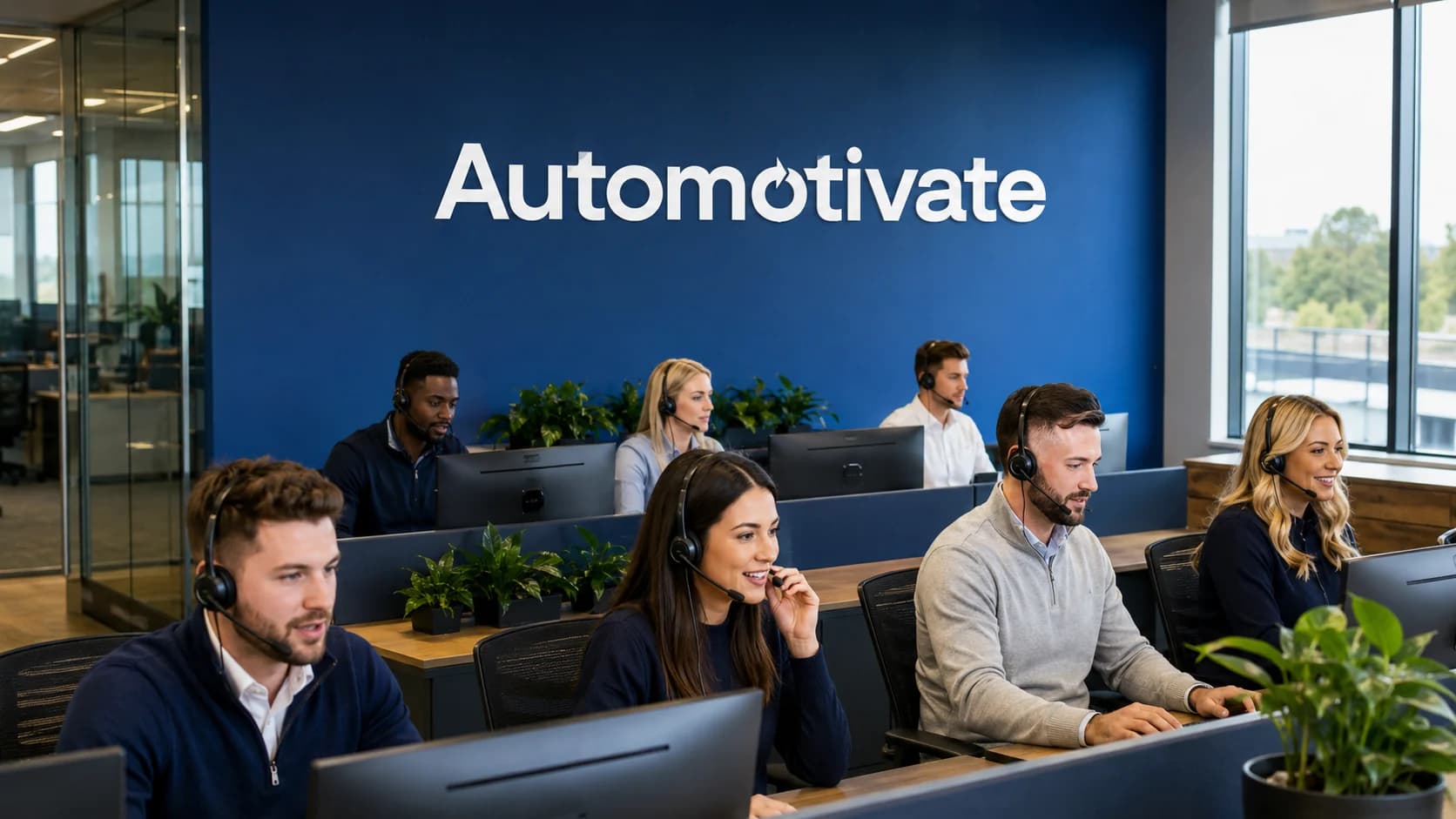 Automotivate sales team on headsets in a modern office