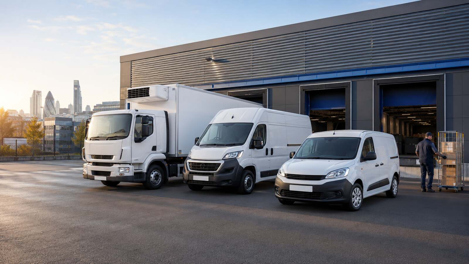 Delivery fleet including refrigerated, panel and last-mile vans at a distribution hub