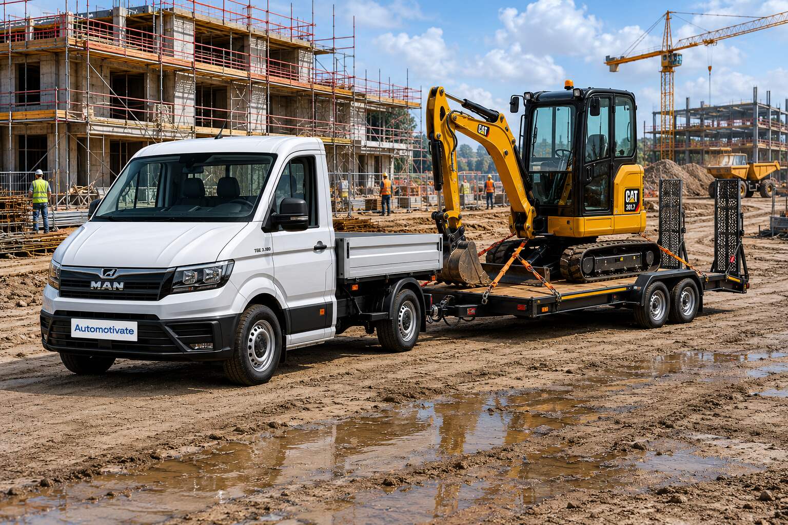 Plant transporter carrying an excavator on a construction site