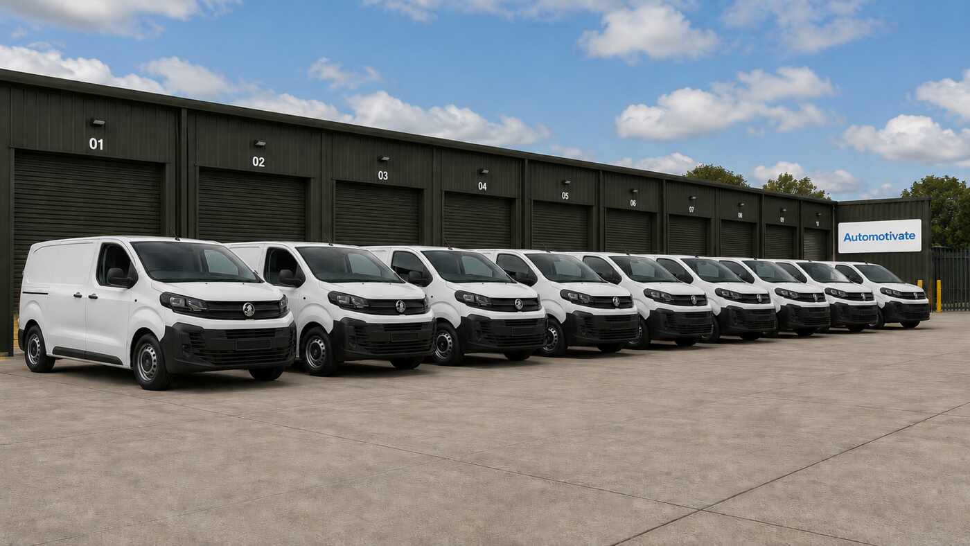 Vauxhall commercial vehicles lined up outside the Automotivate stock facility
