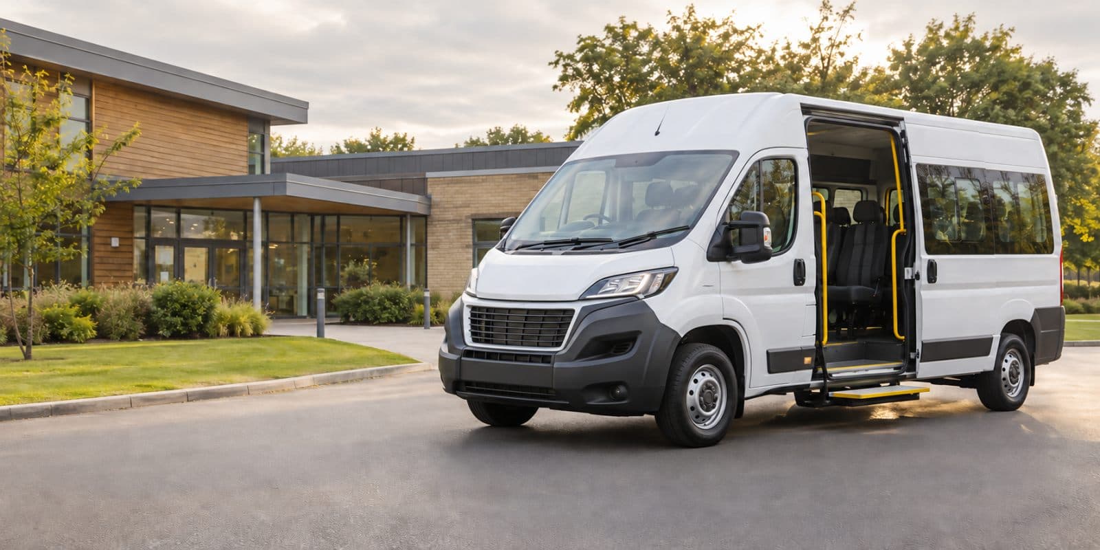 Accessible minibus outside a UK passenger transport facility