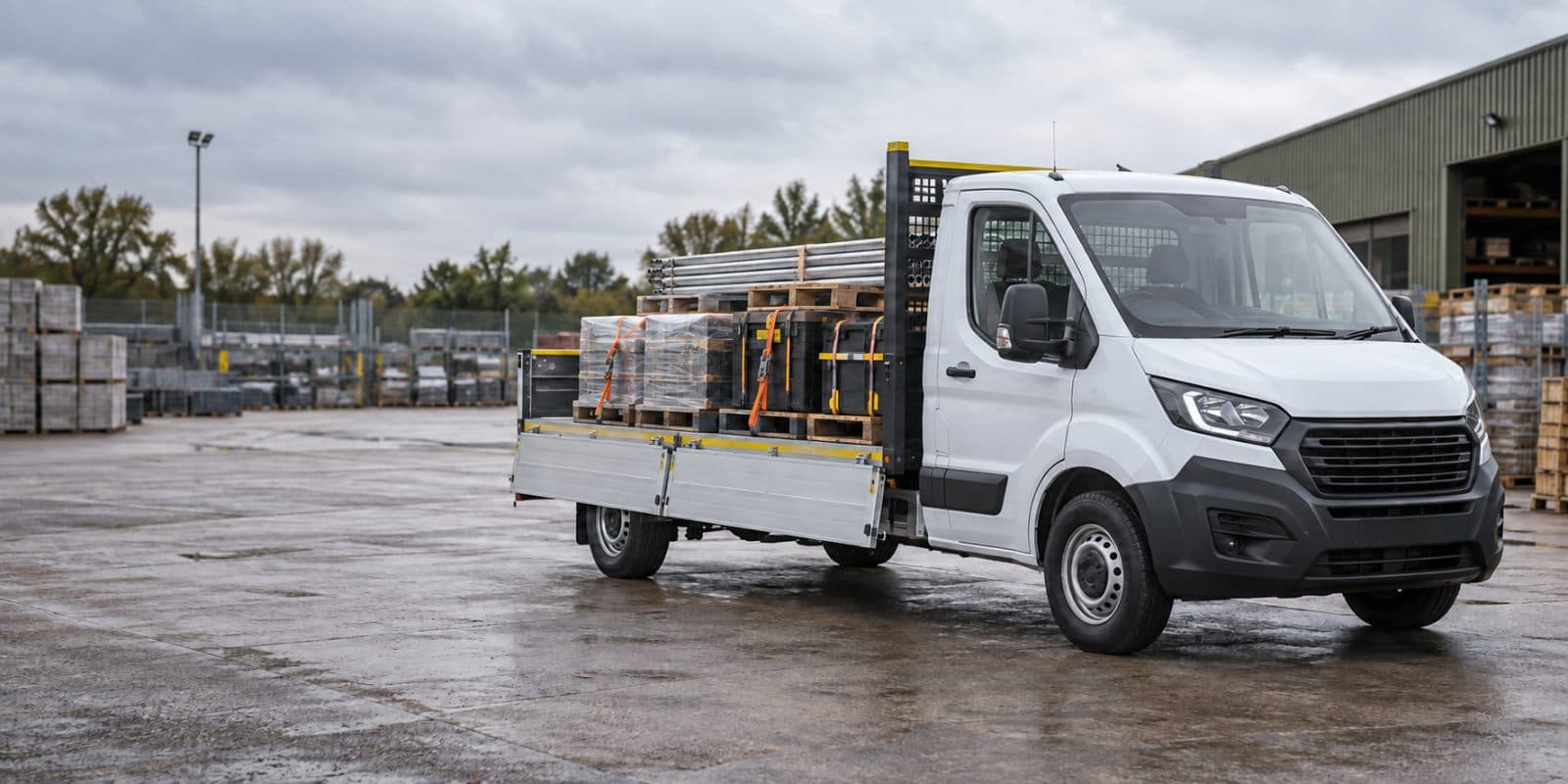 White dropside conversion carrying secured equipment at a UK depot
