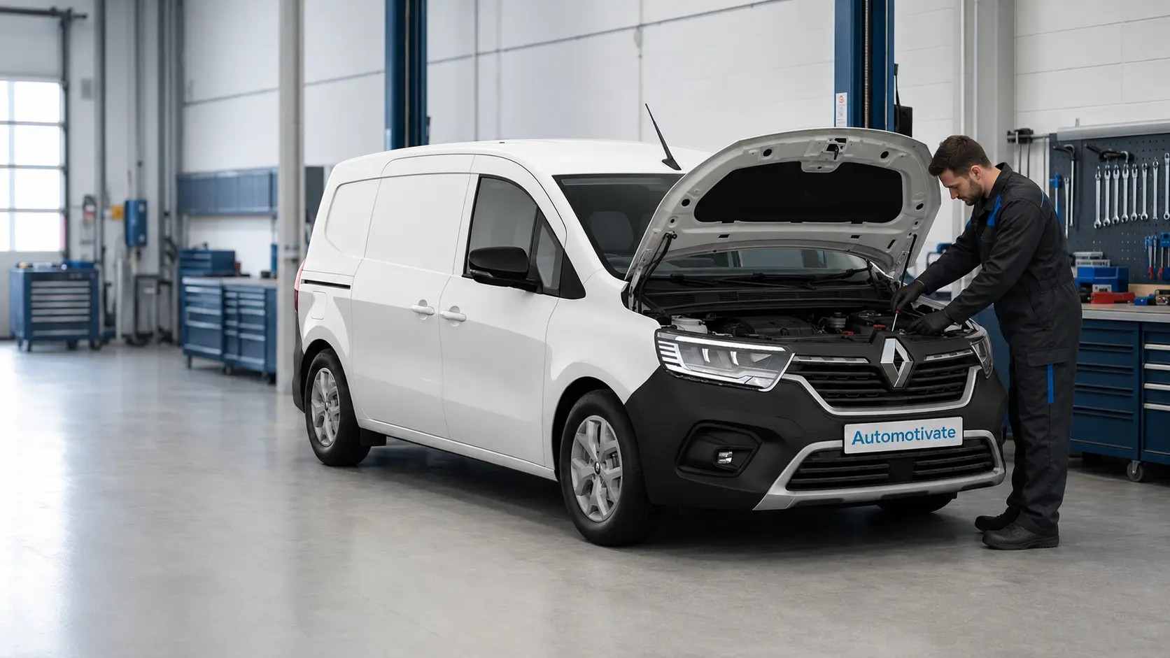 Automotivate van being inspected by a technician in a vehicle workshop