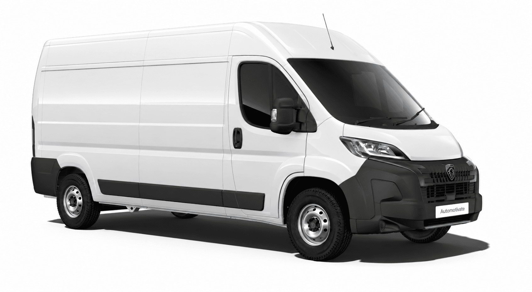 White peugeot boxer van with automotivate logo on the number plate on a white background